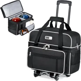 CAB55 2 Ball Bowling Bag with 4 Wheels, Double Bowling Ball Bag with Separate Shoe Compartment, (Up To US Men Size 16), and Multiple Multifunctional Accessory Pockets -(Black)