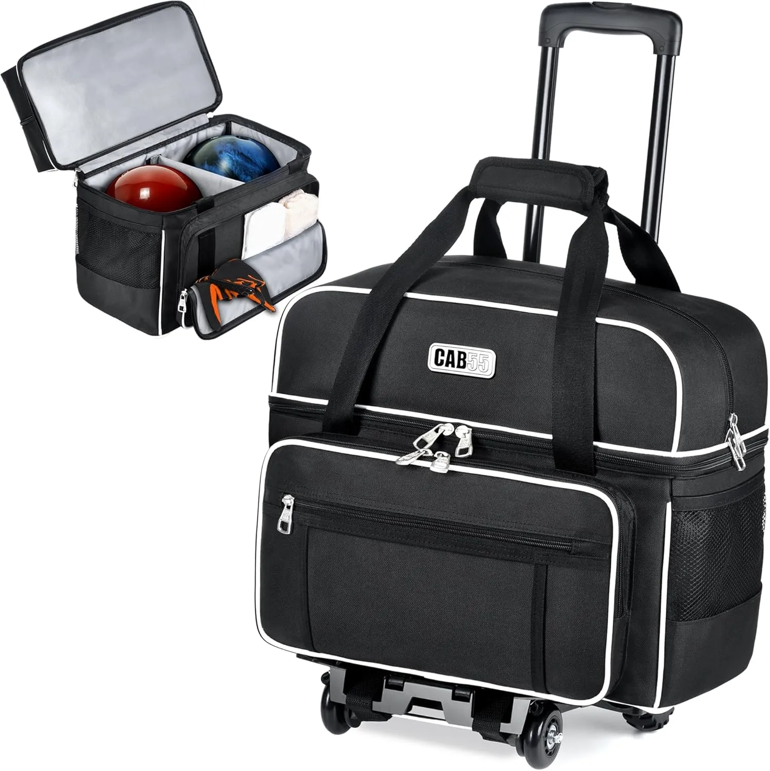 CAB55 2 Ball Bowling Bag with 4 Wheels, Double Bowling Ball Bag with Separate Shoe Compartment, (Up To US Men Size 16), and Multiple Multifunctional Accessory Pockets -(Black)