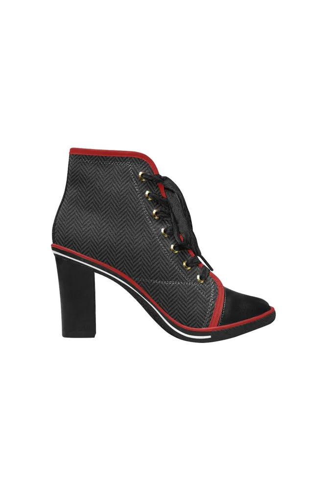 Herring Bone Dark Print Women's Lace Up Chunky Heel Ankle Booties (Model 054)