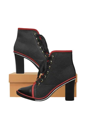 Herring Bone Dark Print Women's Lace Up Chunky Heel Ankle Booties (Model 054)