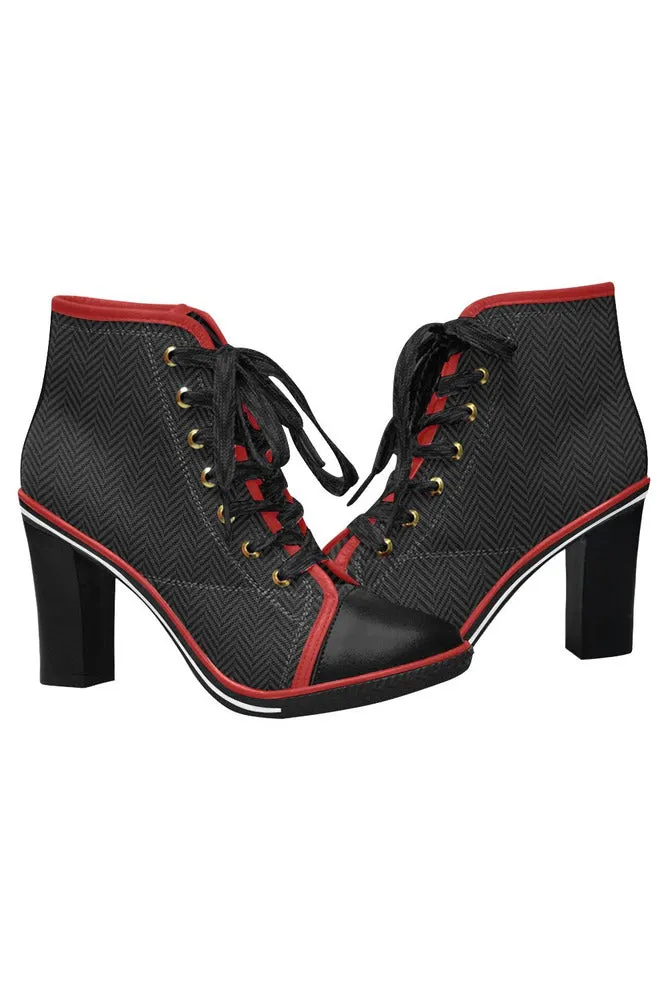Herring Bone Dark Print Women's Lace Up Chunky Heel Ankle Booties (Model 054)