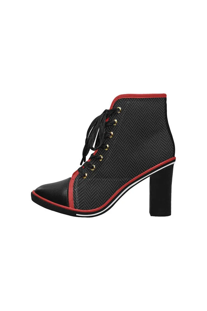 Herring Bone Dark Print Women's Lace Up Chunky Heel Ankle Booties (Model 054)