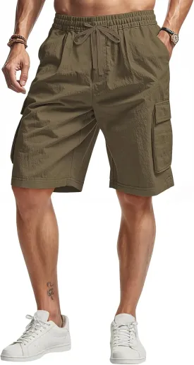 Men's Beach Cargo Shorts Waist with Drawstring Light Weight Multi-Pocket for Summer Outdoor Wear Athletic Short Pant