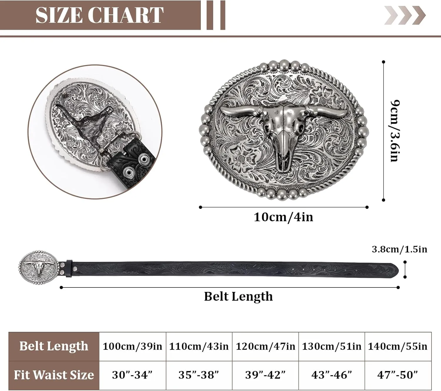 SANSTHS Cowboy Belts for Men Women, Western Leather Belt with Big Buckles Mexican Country Black Longhorn Bull Belt for Jeans