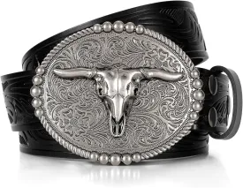 SANSTHS Cowboy Belts for Men Women, Western Leather Belt with Big Buckles Mexican Country Black Longhorn Bull Belt for Jeans