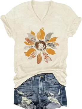 Women's T-Shirts V-Neck Boho Flowers Wildflowers Graphic Tees Shirts Cute Casual Summer Tops Short Sleeve T Shirt