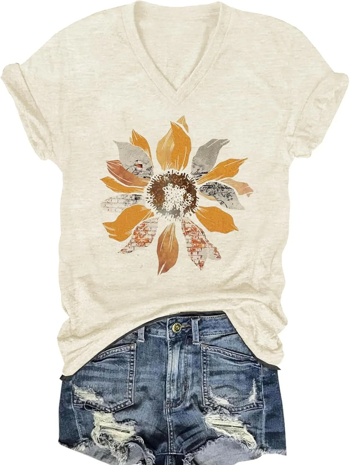 Women's T-Shirts V-Neck Boho Flowers Wildflowers Graphic Tees Shirts Cute Casual Summer Tops Short Sleeve T Shirt